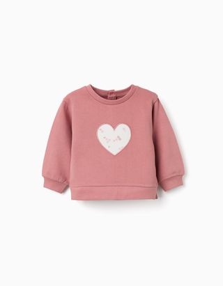 Sweat de algodão com coração bordado para bebé menina, rosa-velho