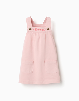 Saia de peito de sarja com flores bordadas para bebé menina, rosa
