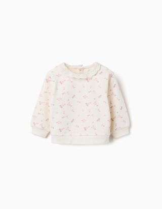 Sweat de algodão com flores e bordado inglês para bebé menina, branco