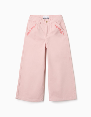 Calças de sarja wide leg com flores bordadas para menina, rosa-claro