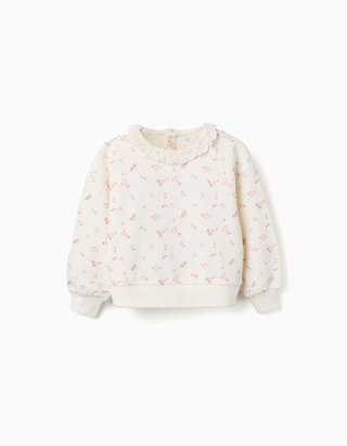 Sweat de algodão com motivo floral e gola de folhos para menina, branco
