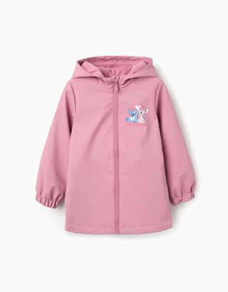 Parka de borracha com capuz e estampado Stitch para menina, rosa