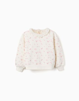 Sweat de algodão com motivo floral e gola de folhos para menina, branco