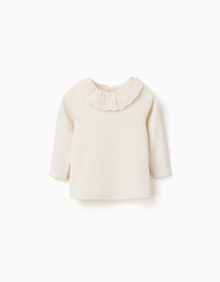 T-shirt de algodão canelado com bordado inglês para bebé menina, branco