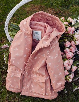 Parka de borracha acolchoada com capuz para bebé menina, rosa
