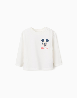 T-shirt de algodão com estampados do Mickey para bebé menino, branco