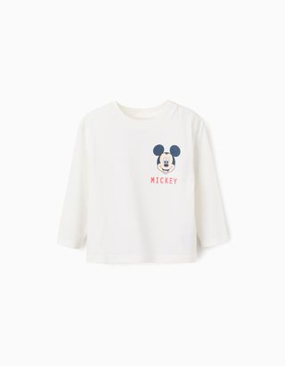 T-shirt de algodão com estampados do Mickey para bebé menino, branco
