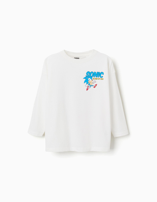 T-shirt de algodão com estampados do Sonic para menino, branco