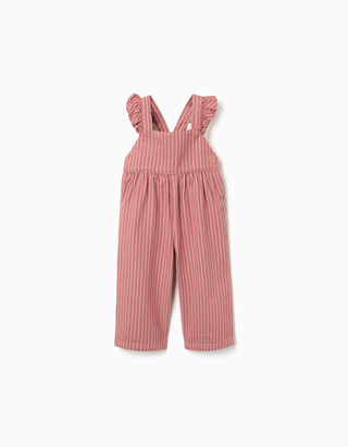 Jardineiras de sarja de algodão às riscas para bebé menina, rosa/branco
