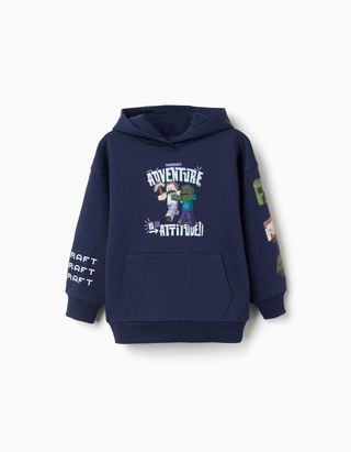 Sweat cardada com capuz e estampado Minecraft para menino, azul-escuro