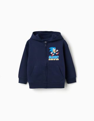 Casaco cardado com capuz e estampados do Sonic para menino, azul-escuro