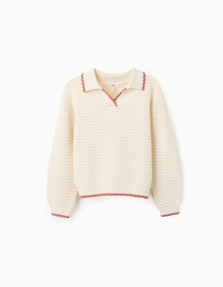 Camisola de malha de algodão com gola polo para menina, branco/rosa