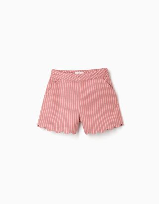 Calções de sarja de algodão às riscas para menina, rosa/branco