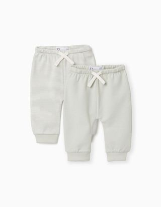 2 calças de algodão lisas/às riscas para recém-nascido, branco/verde
