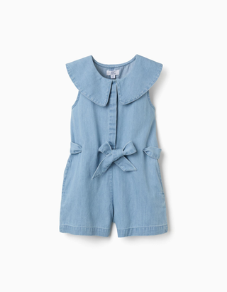 Macacão 100% algodão para meninas, azul claro, sem mangas com bolso