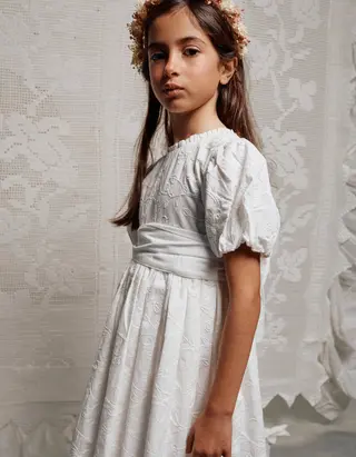 Vestido de algodão com mangas balão e cinto para menina, branco