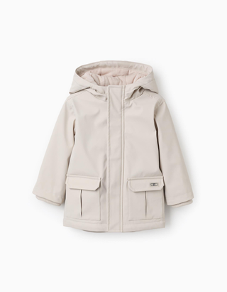 Parka de borracha acolchoada com capuz para bebé menino, bege-claro