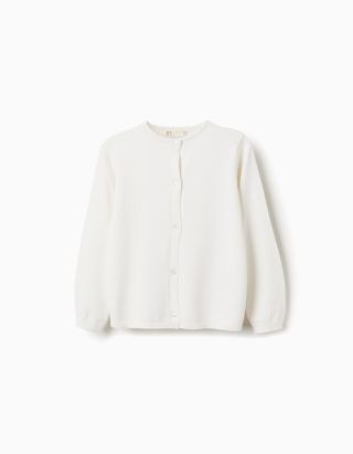 Casaco de malha com gola redonda para menina, branco