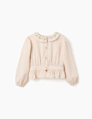 Blusa com Gola Rendada e Mangas Balão para Menina, Beij