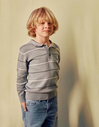 Camisola de malha com gola polo e riscas para menino, verde-claro