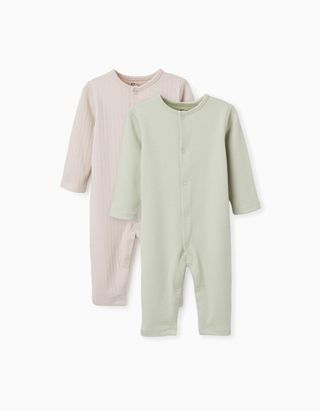 2 babygrows canelados/lisos para recém-nascidos e bebés, bege/verde