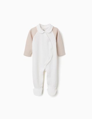 Babygrow canelado em algodão acolchoado para recém-nascido, branco/bege