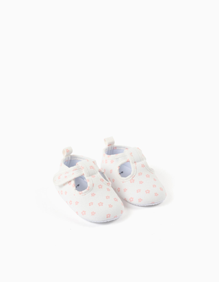 Sapatos de lona e motivo floral para recém-nascida, branco/rosa