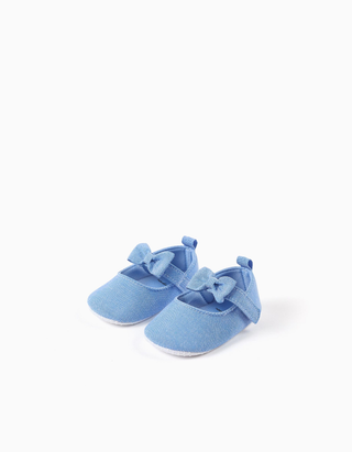 Sapatos Mary Jane de lona com laço para recém-nascida, azul