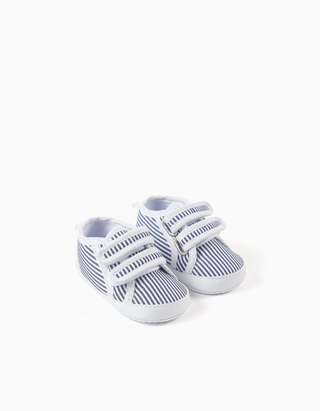 Sapatilhas de lona às riscas para recém-nascido, branco/azul