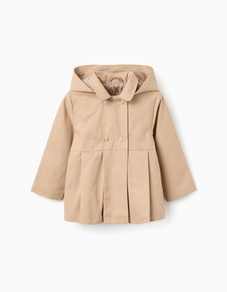 Parka com pregas e capuz amovível para bebé menina, bege, Tamanho 9/12M