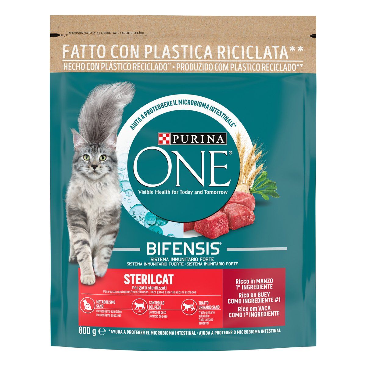 Purina One Ração para Gato Adulto Esterilizado Rica em Carne de Vaca e Trigo embalagem 800 g