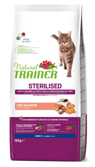 10 KG Natural Trainer Adult Sterilised Salmón pienso para gatos