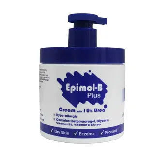 **Epimol-B Plus Urea Cream, 450g**
- **Strength:** 10% Urea
- **Hypo-Allergic**
- **Key Ingredients:**
- Cetomacrogol
- Glycerin
- Vitamin B3
- Vitamin E
- **Target Conditions:**
- Dry Skin
- Eczema
- Psoriasis
