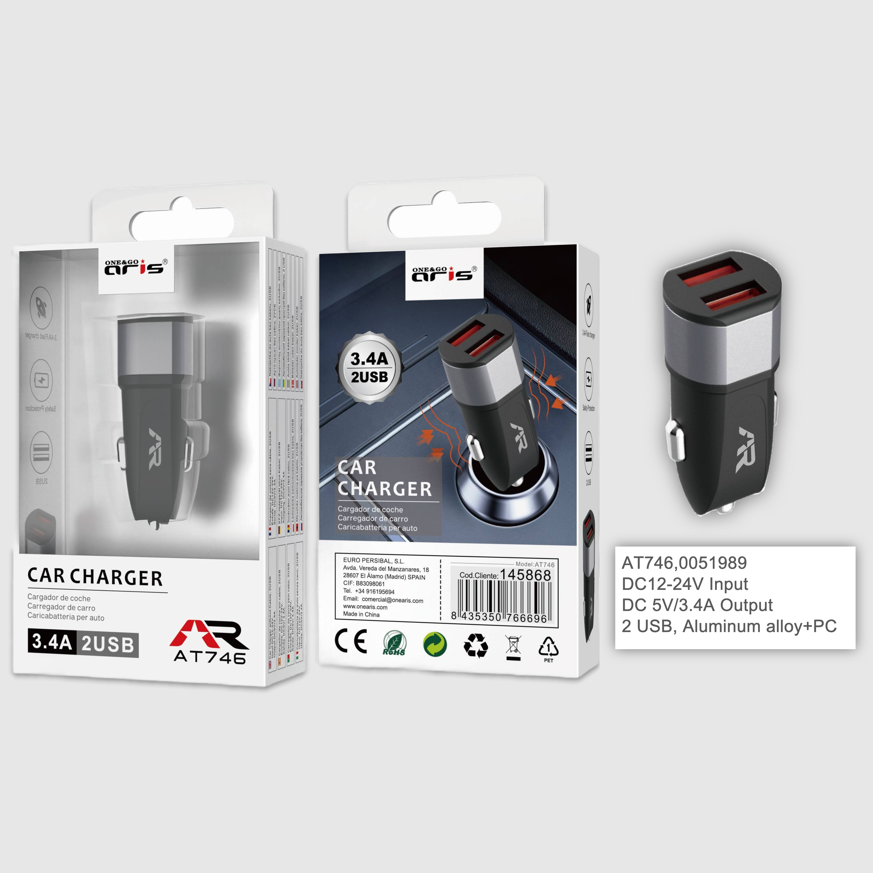 Carregador de Carro Cinza Aris 5V/3,4A 2USB Aris