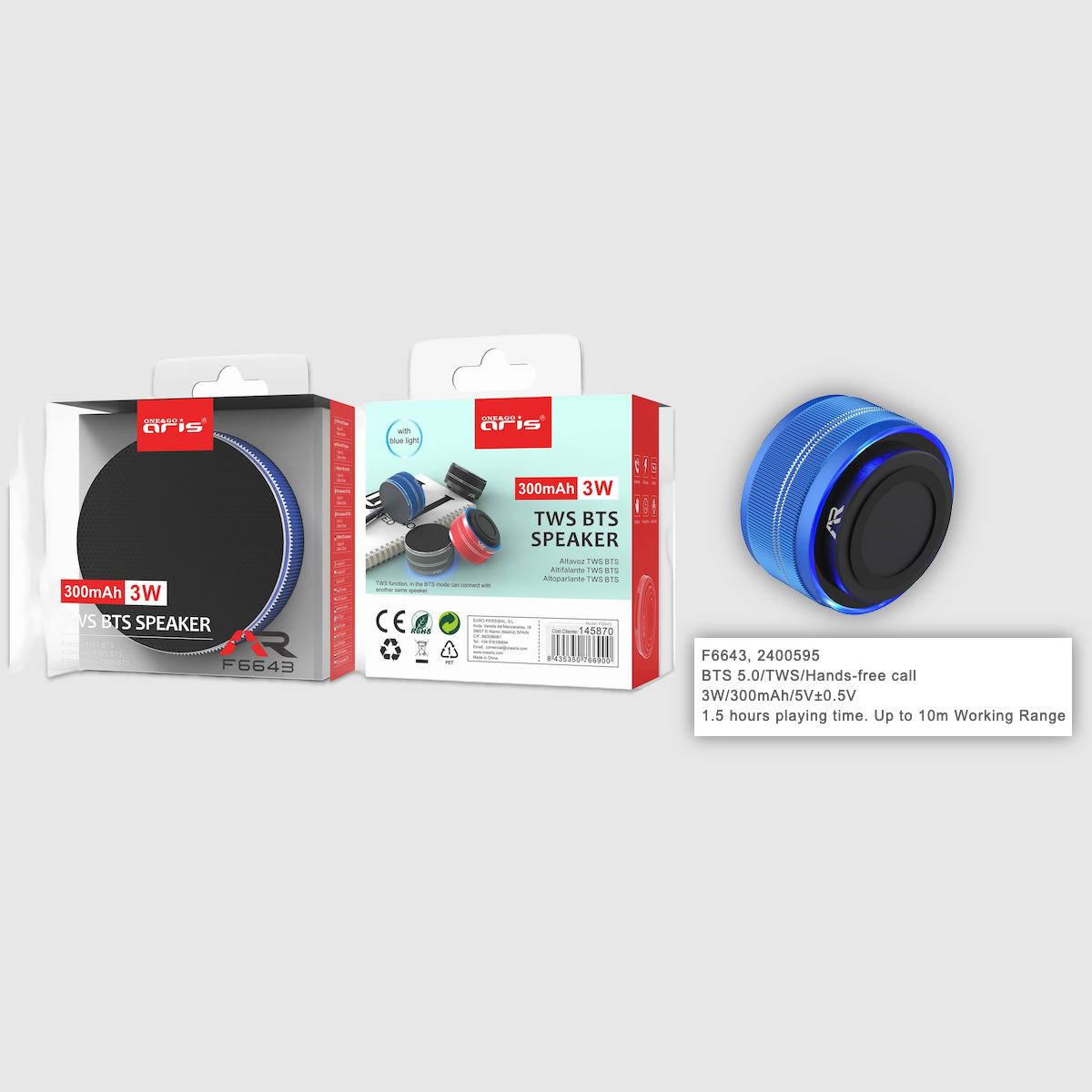 Coluna Mini Bluetooth Azul 300mAh Aris