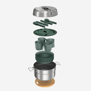 Conjunto de Cozinha 500 de Campismo em Aço Inox+Anti-Aderente - 4P - 25 Peças.