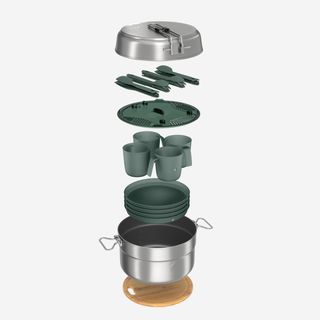 Conjunto de Cozinha 500 de Campismo em Aço Inox+Anti-Aderente - 4P - 25 Peças.