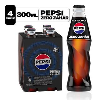 Pepsi Zero Zahar, bautura cu aroma de cola, sticla, 4x300ml