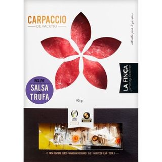 La Finca Carpaccio De Vacuno Marinado Bandeja 90 G+ 20 Ml Salsa De Trufa+ 15 G Queso Parmesano Reggiano+ 20 Ml De Aceite Oliva Virgen Extra