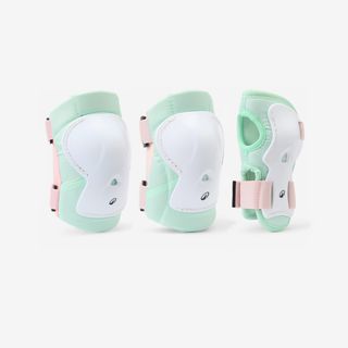 Conjunto 3x2 protecciones roller patinete skate niños PLAY Menta verde menta pálido & ultra blanco & rosa pálido fluorescente XS