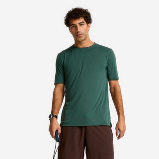 Camiseta Fitness Hombre Verde Oscuro Manga Corta Cuello Redondo Transpirable verde real M