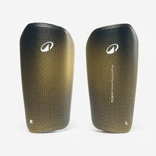 Espinilleras de fútbol con perneras de sujeción niño, F500 azul azul acero & amarillo claro S