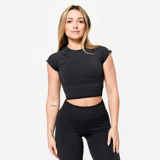 Crop-Top Musculación Mujer Negro Sin Costuras gris carbón & negro ahumado L