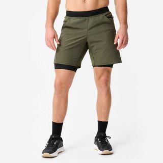 Pantalón Corto Fitness Hombre 2 En 1 Transpirable Bolsillo Cremallera verde caqui & negro ahumado M