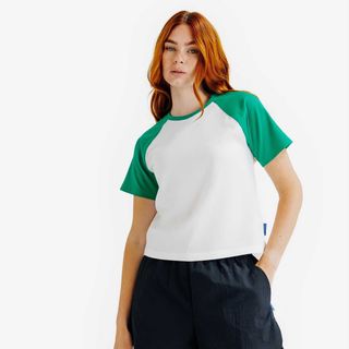 Camiseta mujer, Heritage, blanco y verde blanco algodón & verde esmeralda XS