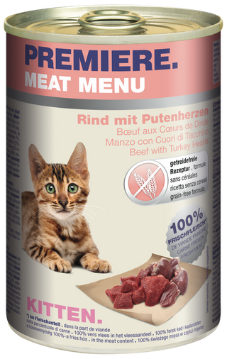 Zestaw promocyjny 6 szt. - 20% Premiere Meat Menu Kitten Wołowina, IndyknSercaen 400g