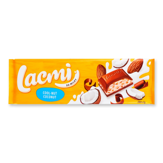 Шоколад 280 г Lacmi молочний з мигдалем, кокосовим кремом та рисовими кульками м/уп