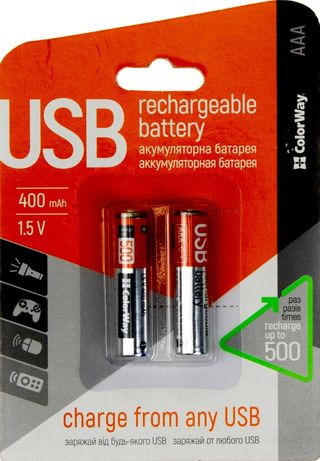 Акумулятори ColorWay AAA micro USB (1.5B,400mAh) Li-Polymer/блістер 2шт