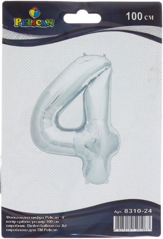 Кулька повітр. фольгована "Цифра-4" 100см срібло №831024/Pelican(1)(10)(20)