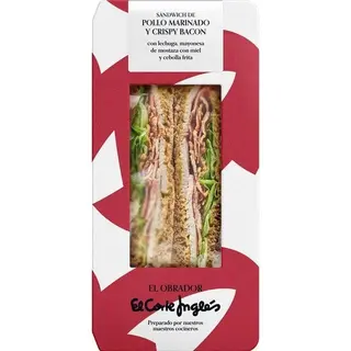 El_Obrador_El_Corte_Ingles El Obrador El Corte Ingles Sandwich De Pollo Marinado Con Crispy Bacon, Lechuga, Cebolla Frita Pieza 195 G